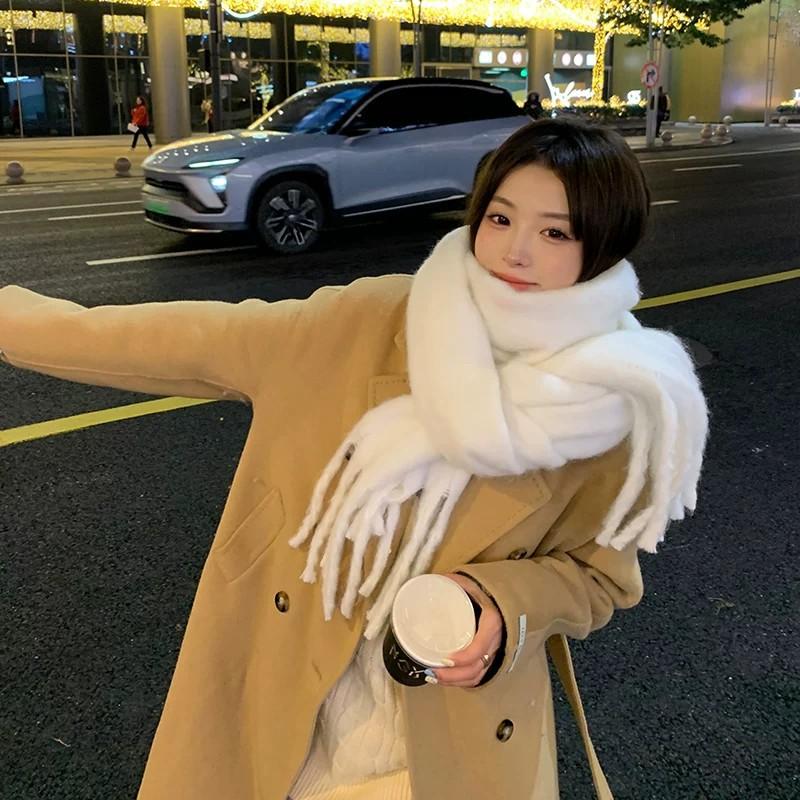 White Scarf Women's Winter Senior Sense Thickened Oversized Long Korean Atmosphere Mohair Japanese Autumn and Winter Scarf
