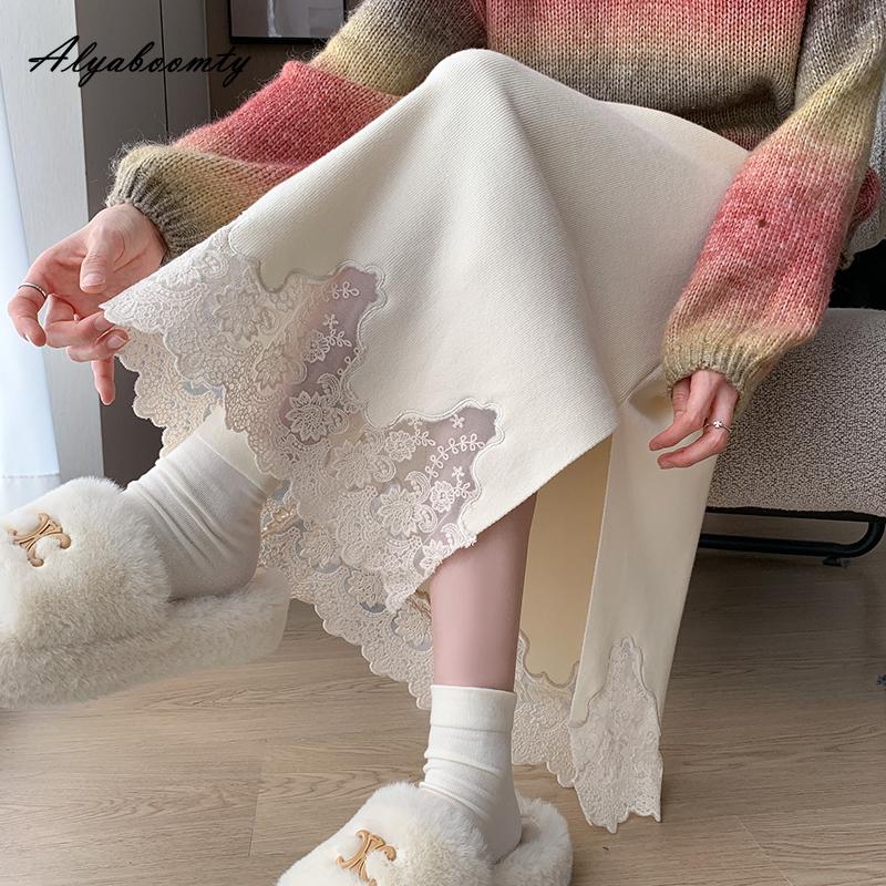 Elegant Fashion Autumn Winter Women Midi A-Line Skirt High Waist Beige Black Knitting Skirt Feminine Embroidery Lace Split Chic Skirt