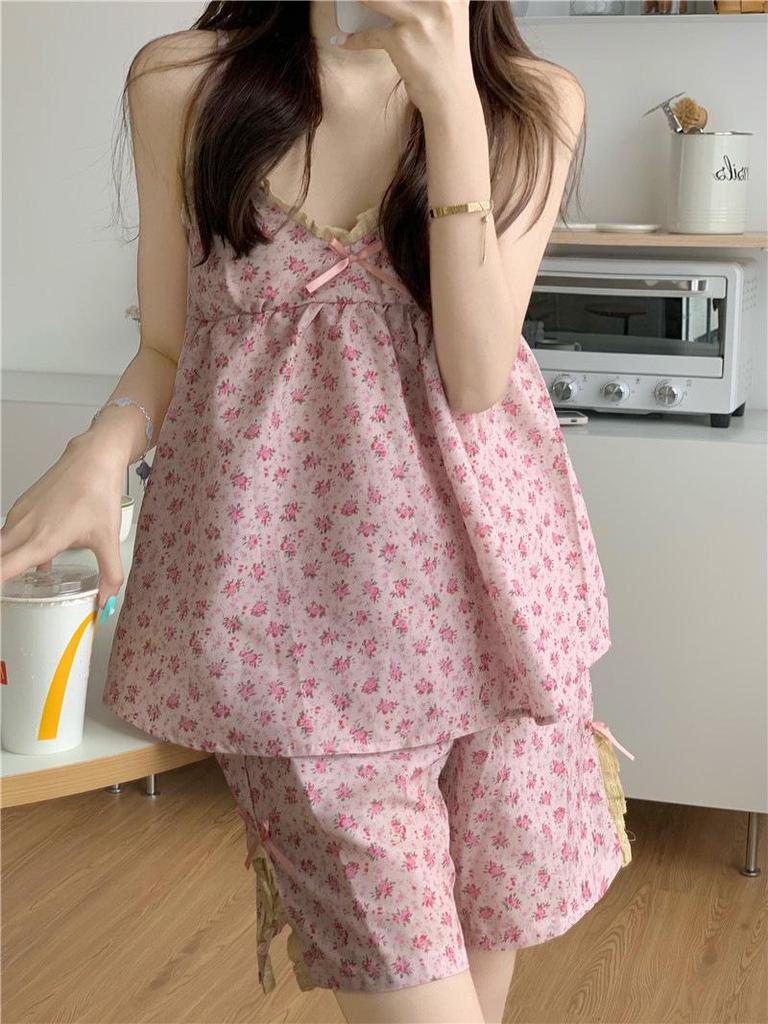 2023 Summer Women's Retro Floral Spaghetti Strap Long Pants Pajamas