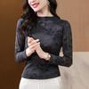 High-necked new fashion T-shirt mesh long-sleeved printed top, foreign style and thin slim-fitting elastic shirt as a base