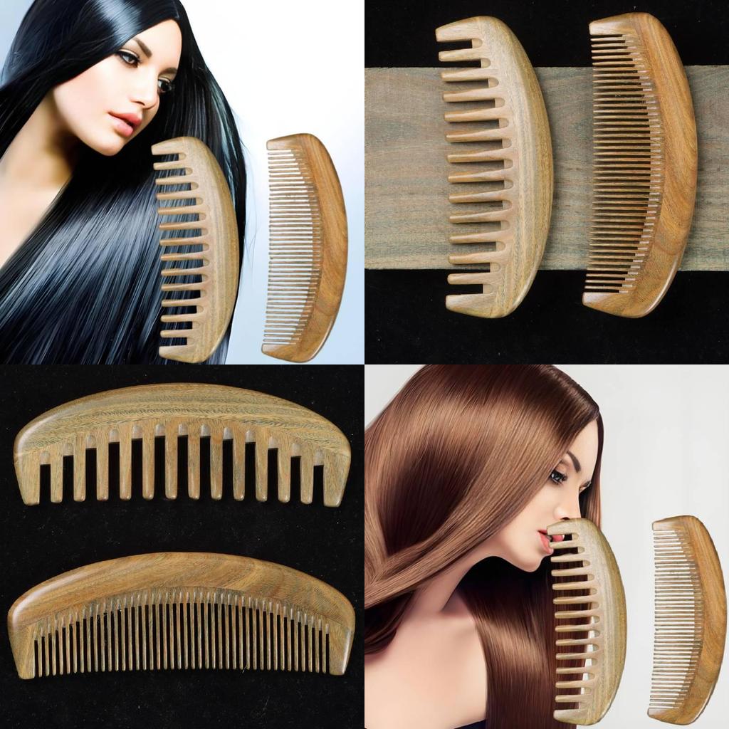 Peigne en bois de santal vert naturel Élégant antistatique à dents larges Peigne de massage pour filles