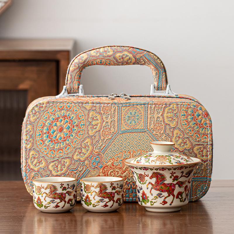 Dunhuang merchandise gold and silver wrong cover bowl two cups travel tea set embroidery bag complete set portable gift box business souvenir