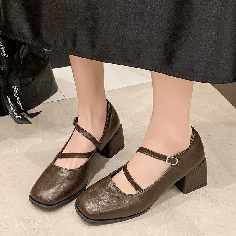 

French retro Mary Jane high heels women s thick heels professional commuting versatile small leather shoes cross strap single shoes 35