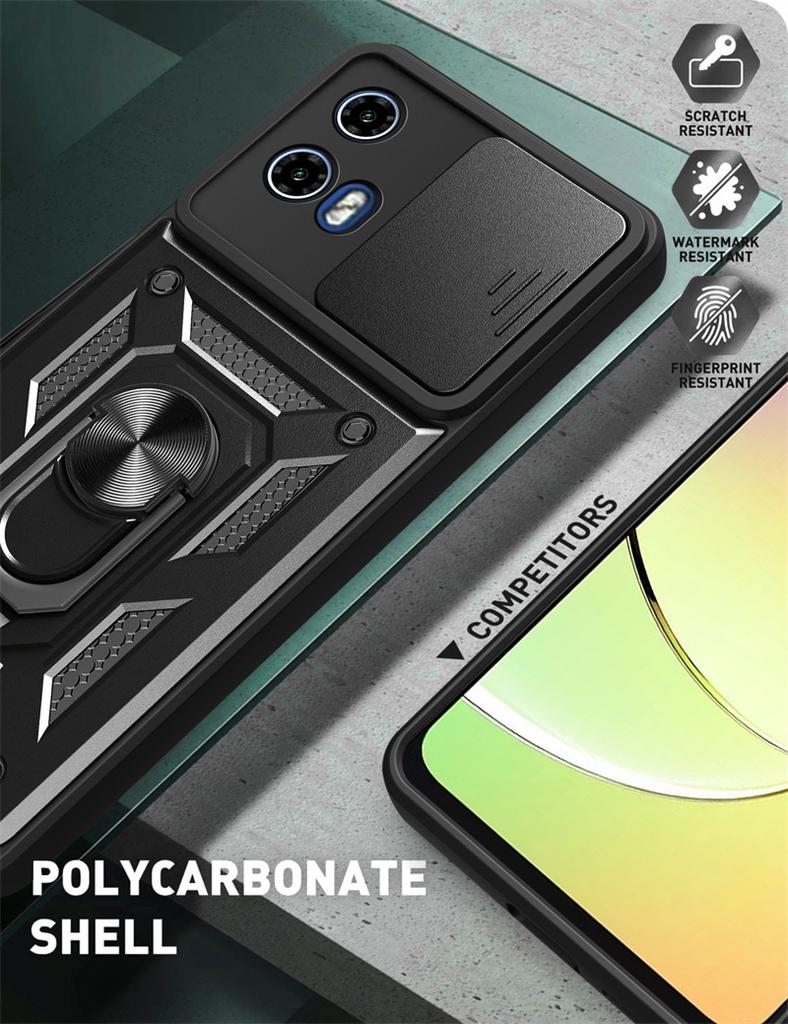 Nárazuvzdorné pouzdro Armor pro Motorola Moto G04 G24 G34 G54 G84 E14 G22 G32 G52 G72 s magnetickým držákem na prst a posuvným krytem objektivu