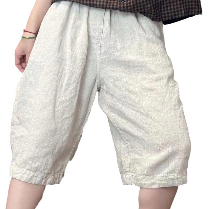 Women’s Retro Elastic Waist Cotton Linen Straight-Leg Pants - Summer 2024 Plus Size Casual Slimming Five-Point Style