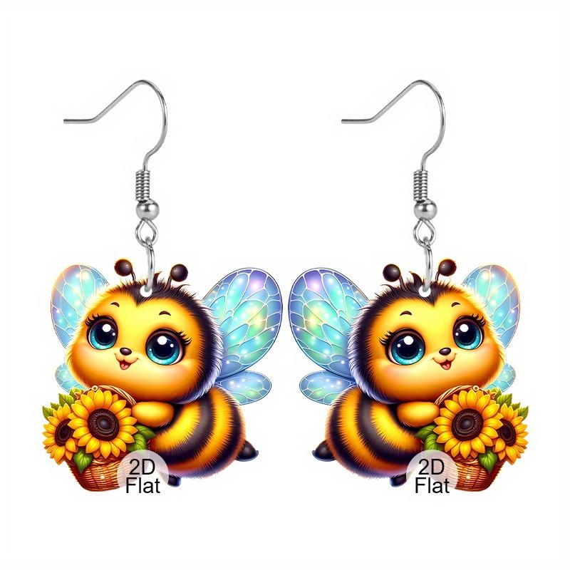 2D Cartoon Blue Wings Bee Festival Pattern Ear Jewelry Dangle Earring Daily Outfits Party Accessories Perfect Gift for Family/ Friends