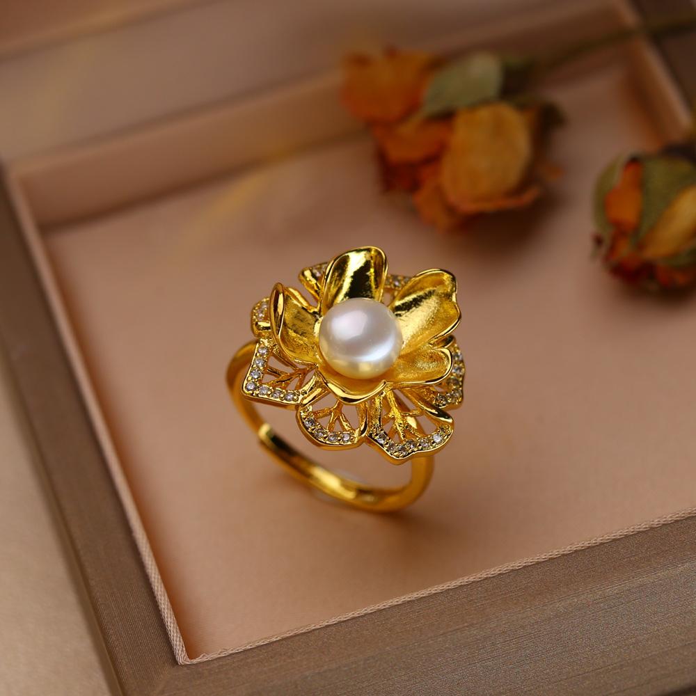 seniko Natural Freshwater Pearl Rings For Women Fashion Female Cubic Zirconia CZ Flower Ring Pearl Jewelry Adjustable Ring