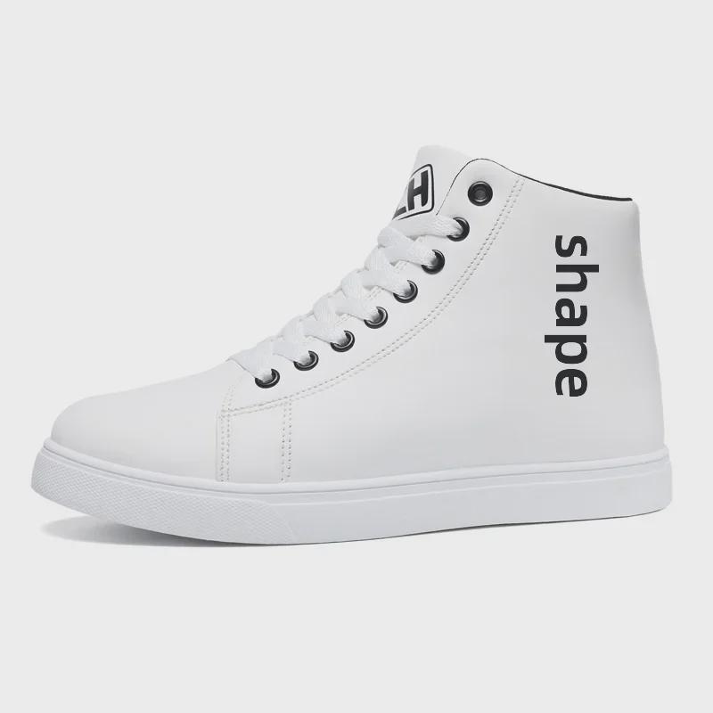 "Men's Large Size High-Top Waterproof Leather Sneakers, Non-Slip, Fashionable White, Size 48, Ideal for Spring and Autumn."
