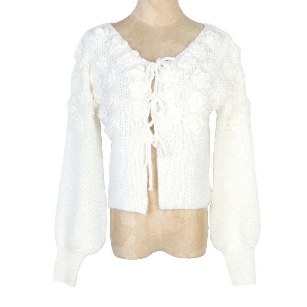 Chic Handmade French Style V-Neck Crochet Sweater for Women - Autumn/Winter Collection