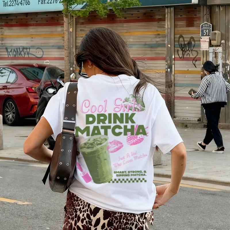 Back Print Cute Y2k Matcha Lover T Shirt Loose Aesthetic Streetwear Graphic Tees Funny Foodie Shirt Women Fashion Tops Gifts S
