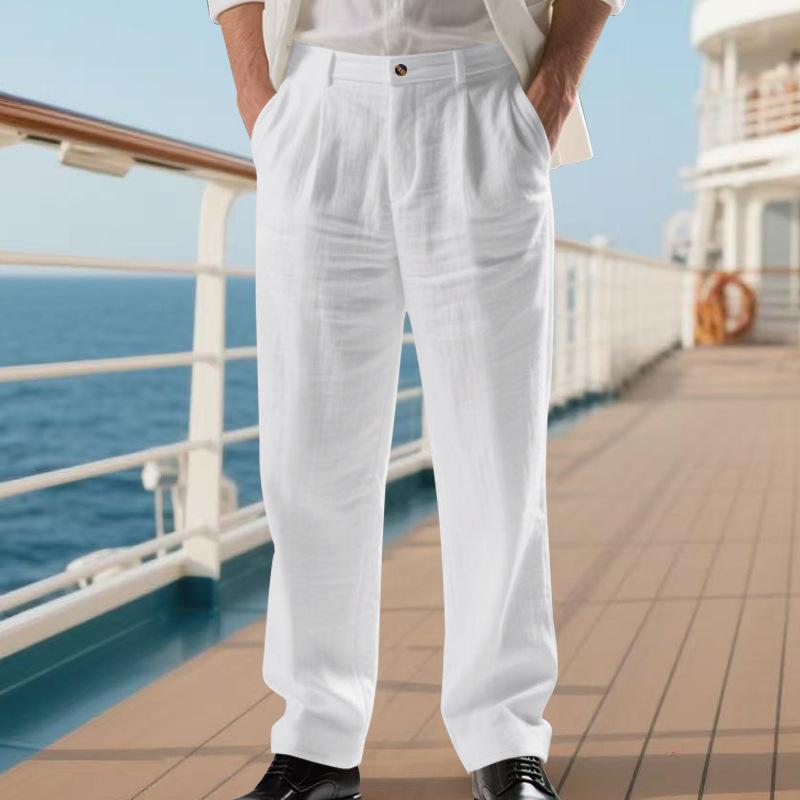 Pánské módní jednobarevné lněné pánské goulashové ležérní volné business kalhoty