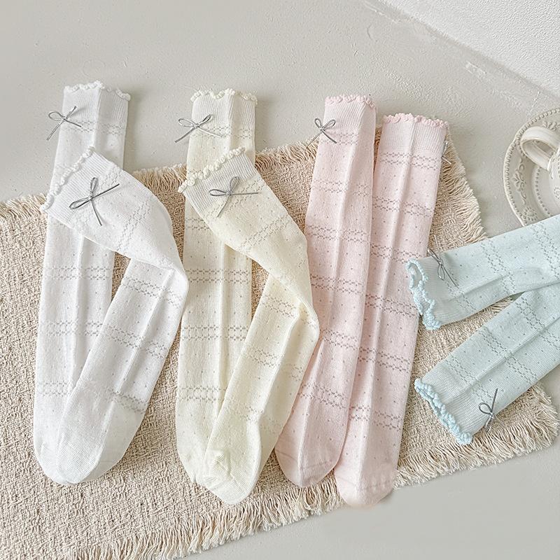 Girls Summer Thin Mesh Socks Sweet Princess Bow Ruffle Breathable Hollow Solid Mid Tube Childrens Stockings