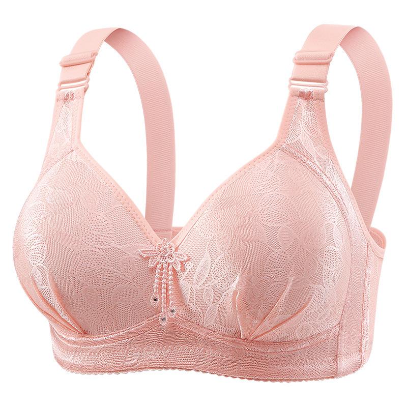 Large Size Gathering Without Steel Rims, Comfortable and Breathable Bra, Lace Fabric, Four Button Thin Mold Cup, Side Folding Underwear
