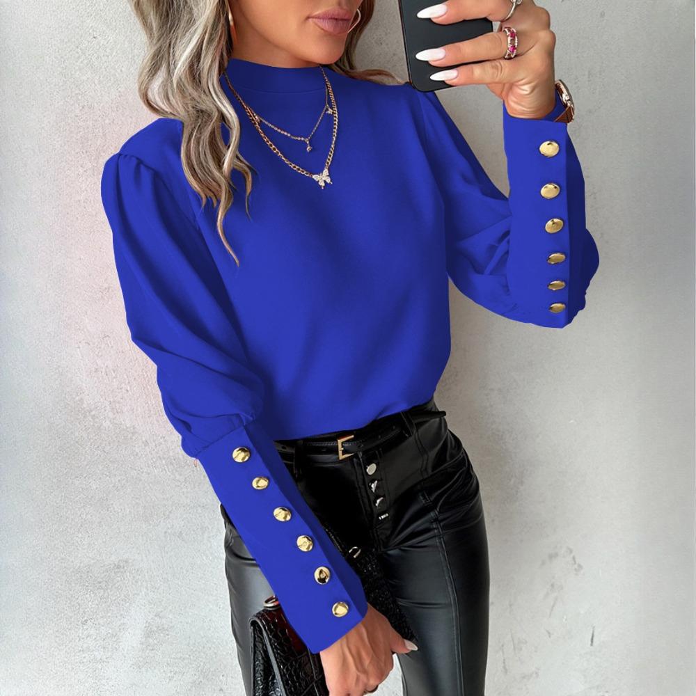 Women's Autumn and Winter Long Sleeve Solid Lace O-Neck Button Down Shirt Blouse