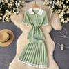 Two 2 Pieces Set for Women Summer Sexy Polo Collar Short Sleeve Buttons Knit Top and Elastic Waist Mini Pleated Skirt Suits