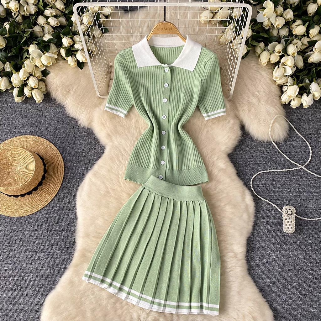 Two 2 Pieces Set for Women Summer Sexy Polo Collar Short Sleeve Buttons Knit Top and Elastic Waist Mini Pleated Skirt Suits