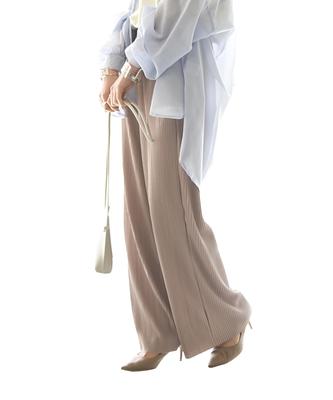 Andit Pleated Wide Leg Pants with Hem Relaxed Wide Elastic Waist Women's Self-Cut Cutoffs, Flattering, Silhouette, Leg,