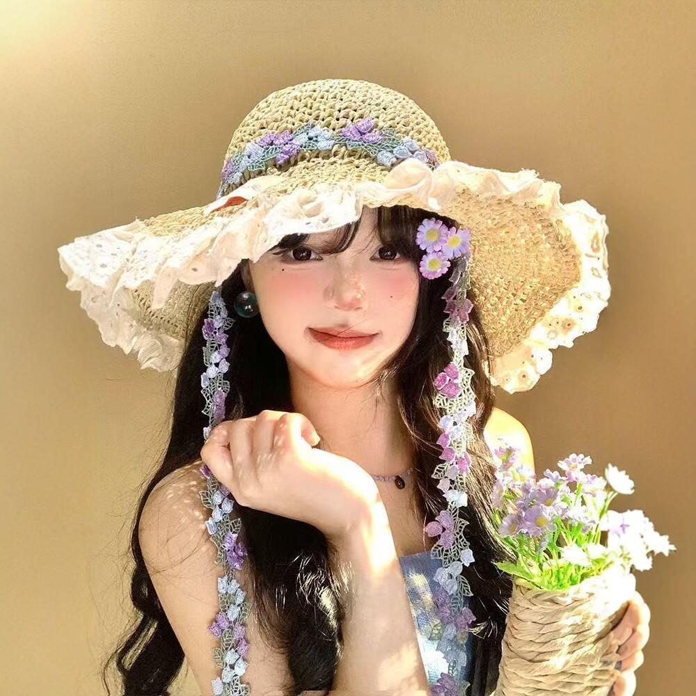 Straw hat women's summer new big-brimmed sun hat lace lace sunscreen seaside vacation hat breathable face