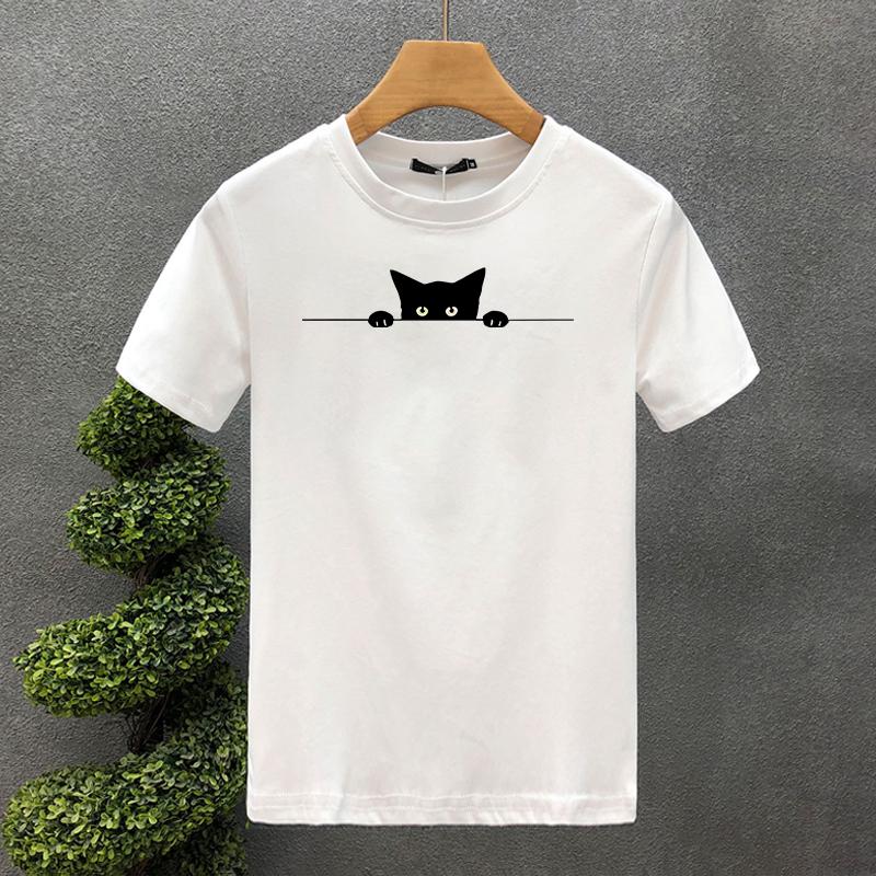 Men's Summer Cotton Fashionable Casual Loose Large Cute Cat Pattern Printed Round Neck Short Sleeve T-shirt Top