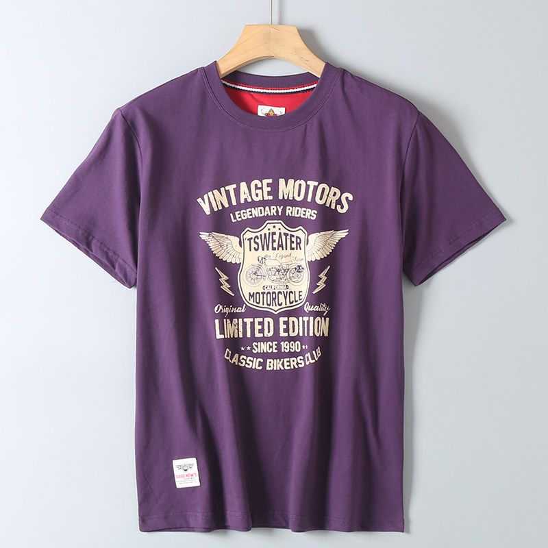 Foreign Trade Export Surplus Summer New Vintage Motorcycle Print All-Cotton Washed Men's Round Neck Casual Short-Sleeve T-Shirt