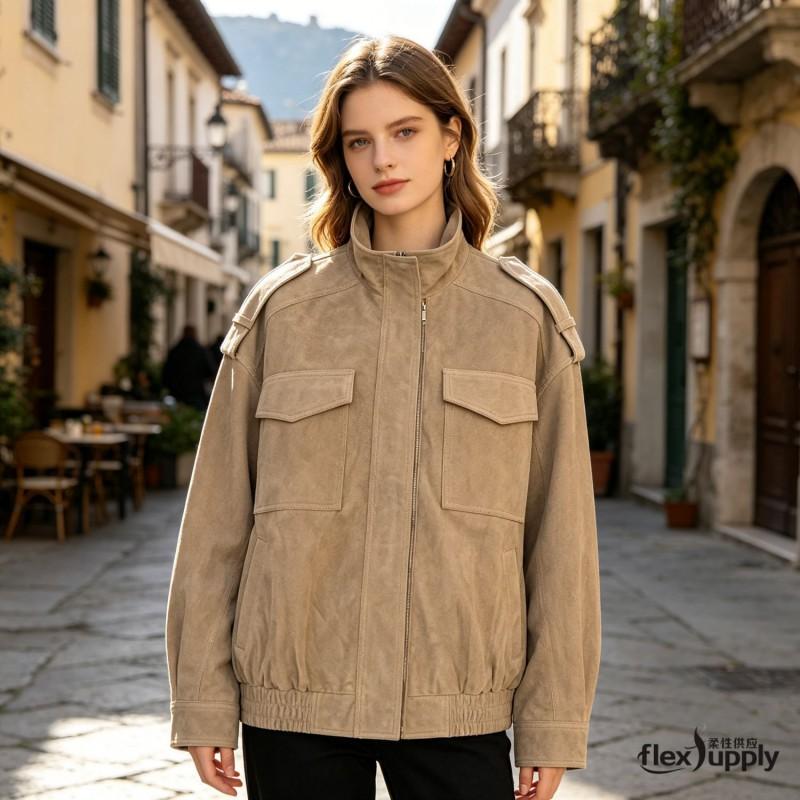 Womens Oversized Faux Leather Jacket In Vintage Streetwear Style PU Material Stand Collar Zipper Front Black Khaki