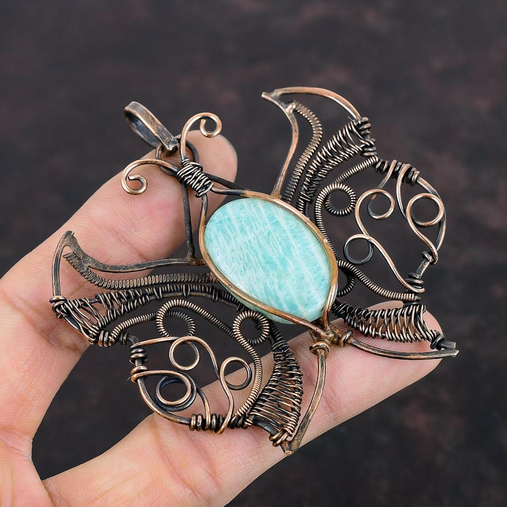 Amazonite Pendant Copper Wire Wrapped Jewelry Butterfly Gemstone Pendant Amazonite Jewelry Handmade Copper Wire Wrap Pendant Gifts For Him