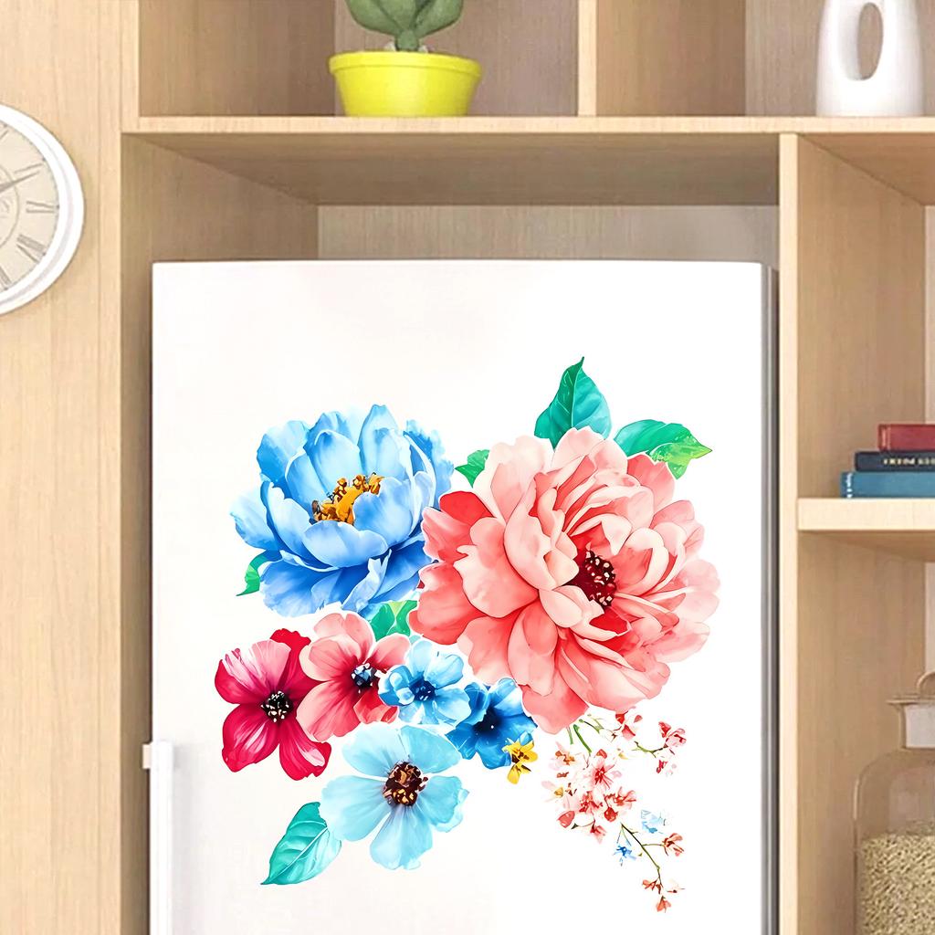 Selbstklebender floraler Wand- und Kühlschrankaufkleber Blaue Rosa Blumen Heimdekoration für Zimmer Küche