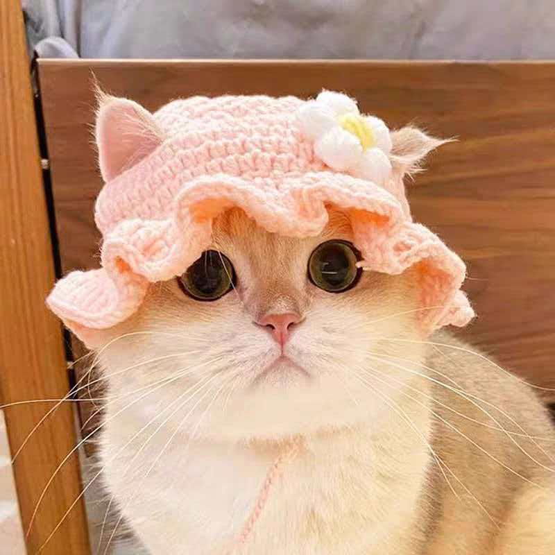 

Cat Hat, Cute Flower Crochet Cat Hat Knitted Costume Headwear for Kitten Dog Puppy Pet Small Knit Cap Clothes Decoration M рожевий