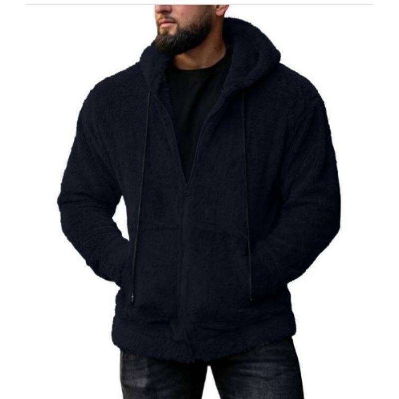 Autumn Men's Plush Cardigan with Hood Solid Color Warm Home Comfort Zipper Jacket