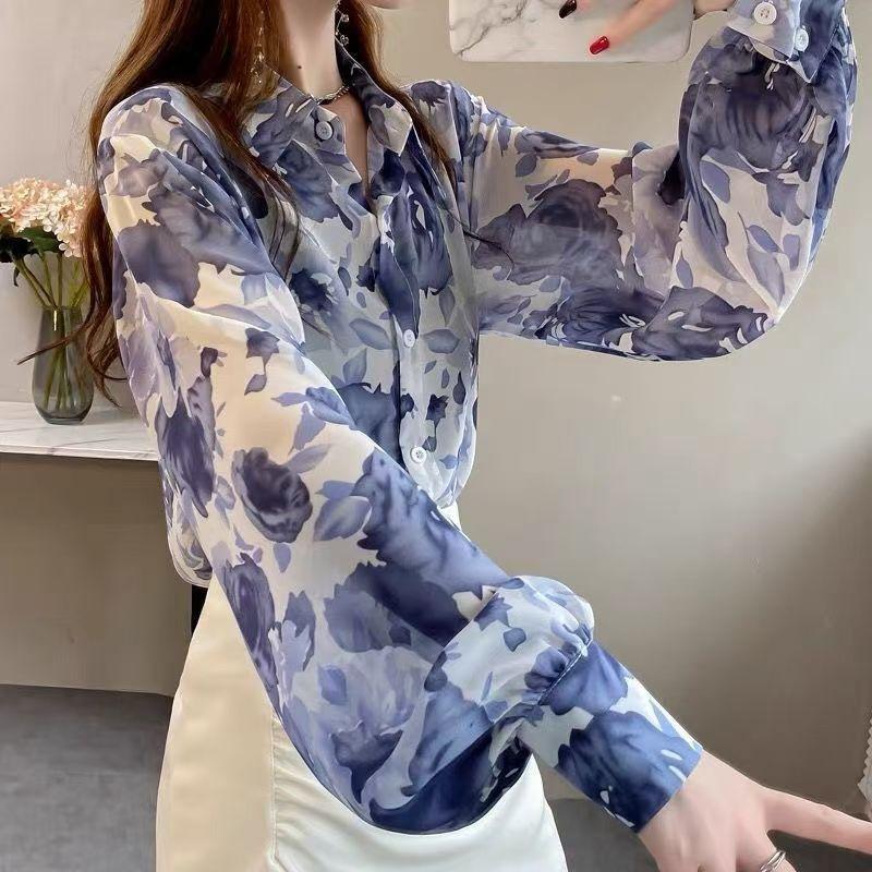 Retro Women's Printed Shirt Slim-fit Lantern Sleeve Floral Shirt Collared Chiffon Shirt Spring