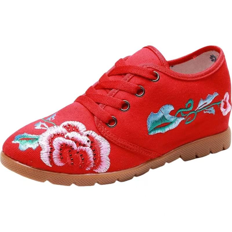 Woman Increased Internal Embroidered Cloth Shoes Ethnic Style Spring Autumn New Round Toe Lace Up Wedges Casual Nude Shoes