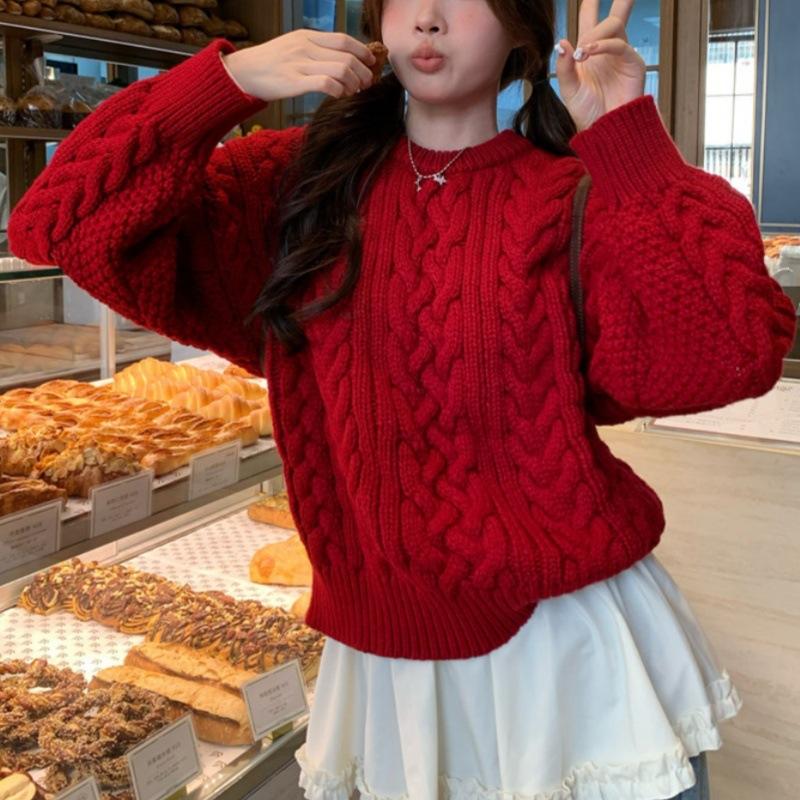High quality thick stick needle twist sweater women's autumn and winter loose lazy wind knitted sweater top thick