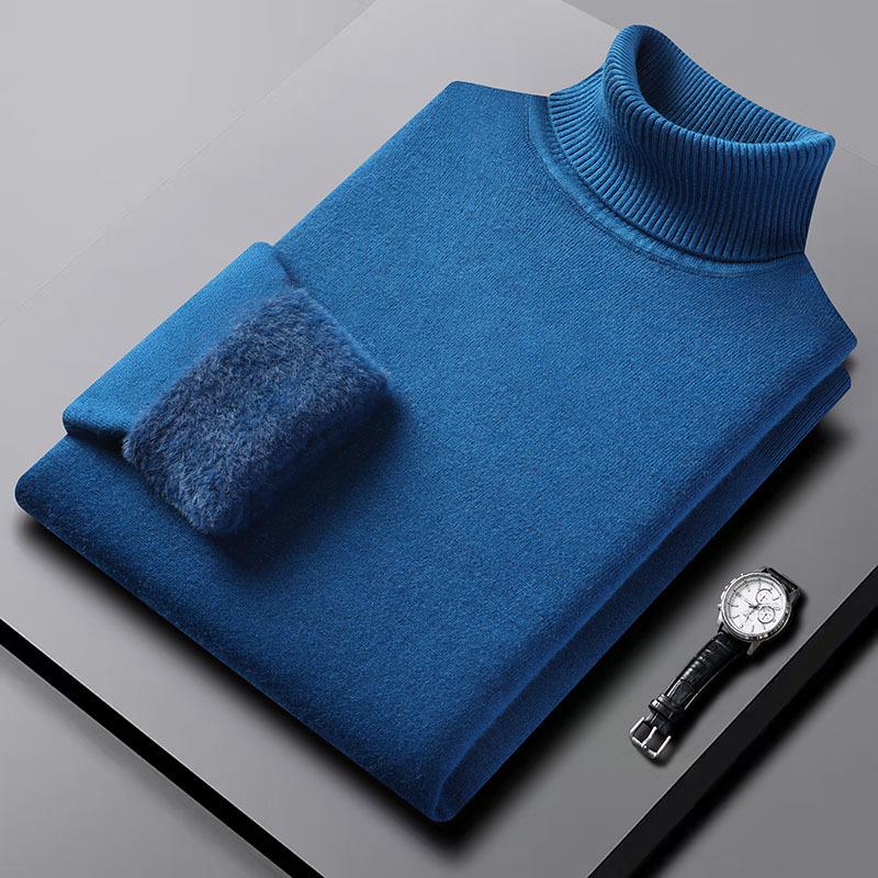 [Machine Washable] Men'S Semi-Turtleneck Sweater Integrated Fleece Winter Fleece Warm Sweater Close-Fitting Knitted Bottoming Shirt