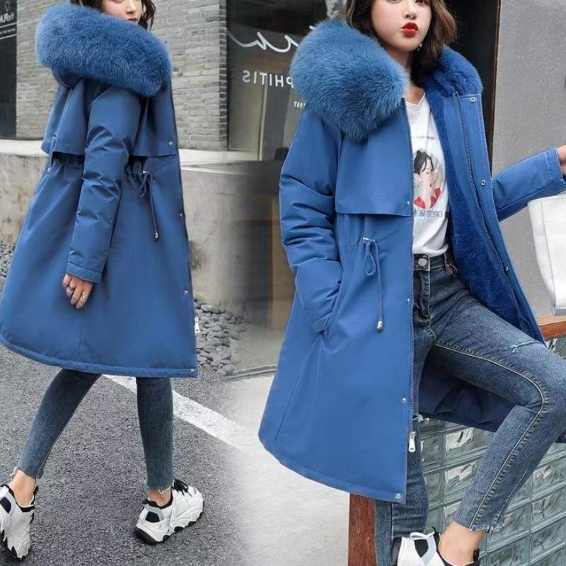 

Большие размеры в пальто и куртках Женская зимняя стеганая куртка Свободная повседневная верхняя одежда Флисовая ветровка с капюшоном Элегантные пальто XXL синий