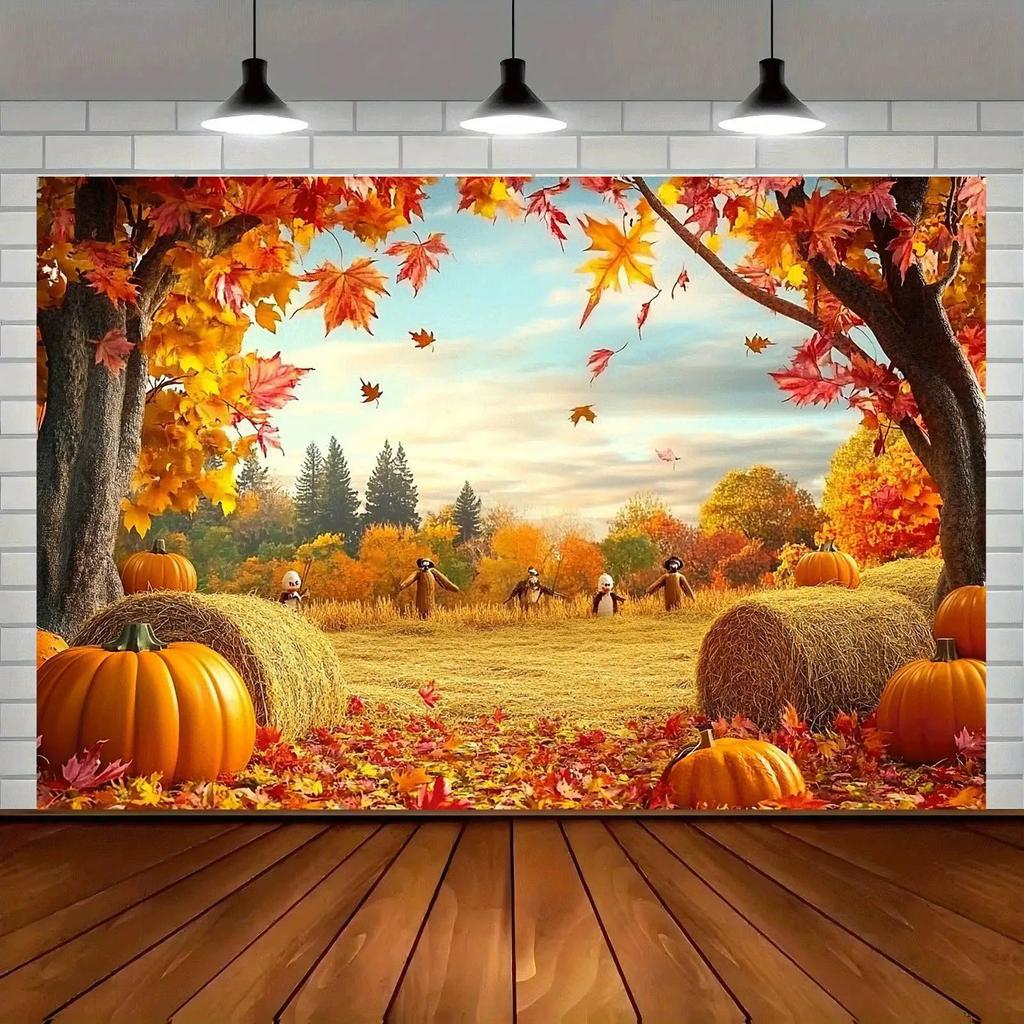 Płaski design 2D, 1 sztuka, jesienne błyszczące liście klonu, tło fotograficzne z dyniami, odpowiednie do salonu
