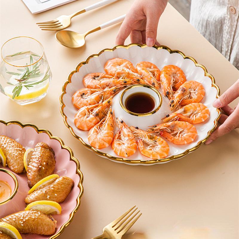 Round Snack Plate with Dip Dish Ceramic Dumpling Plate Phnom Penh Porcelain Tableware Salad Sushi Dish Home Kitchen Supplies