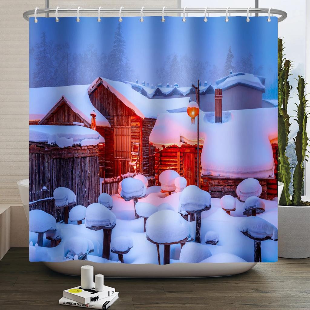 Christmas Shower Curtain Xmas Tree Winter Forest Snow Cute Snowman Bathroom Shower Curtain Waterproof Bath Curtain With Hook