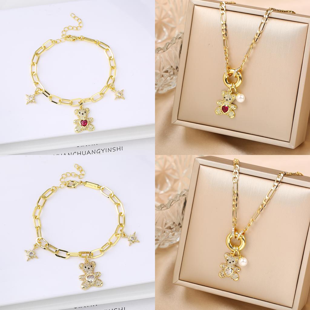 Hot Sale 2PCS Animal Bear Zirconia Bracelet Jewelry Necklace Set for Women Female Daily Party Crystal Jewelry Girl Gift