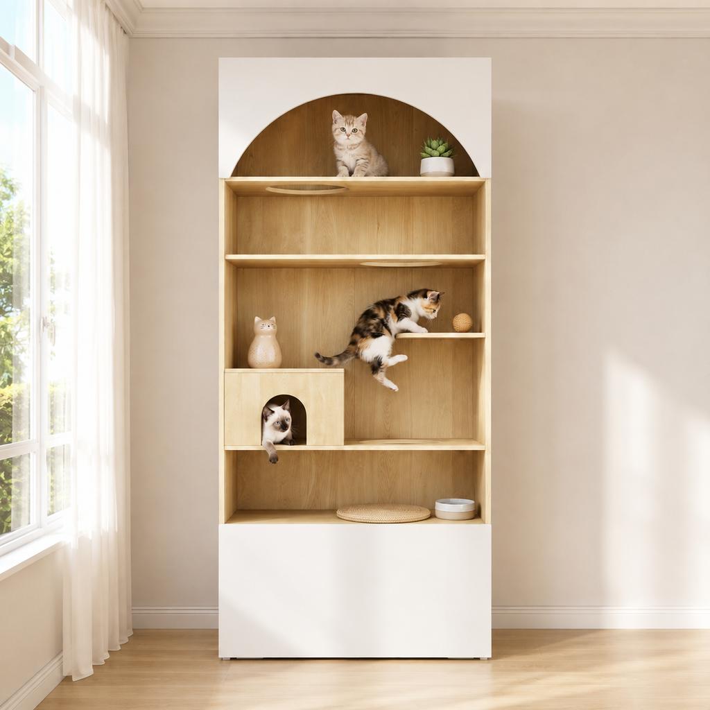 Multi-purpose Cabinet, Pet Cabinet, with Cat Climbing Wall, Cat Cave, and Lying Areas, 90 X 50 X 202 Cm, with Storage Space, White+wood Look