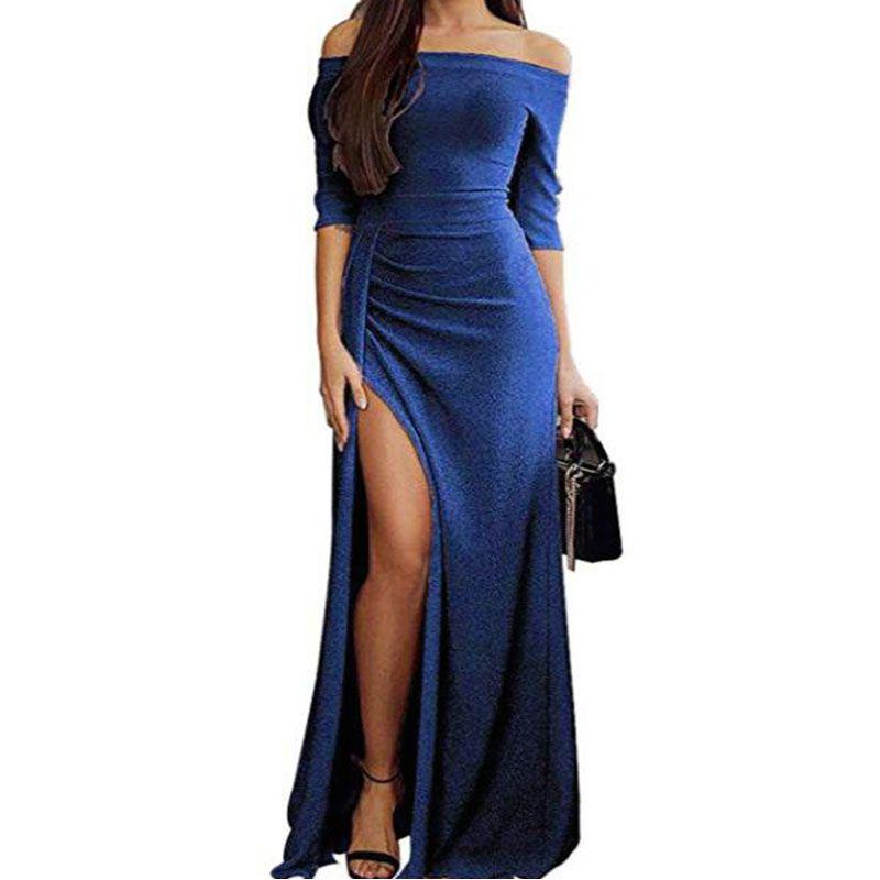 Elegant Women Casual Long Sleeve Patchwork Sequined Off Shoulder Pullover Dress