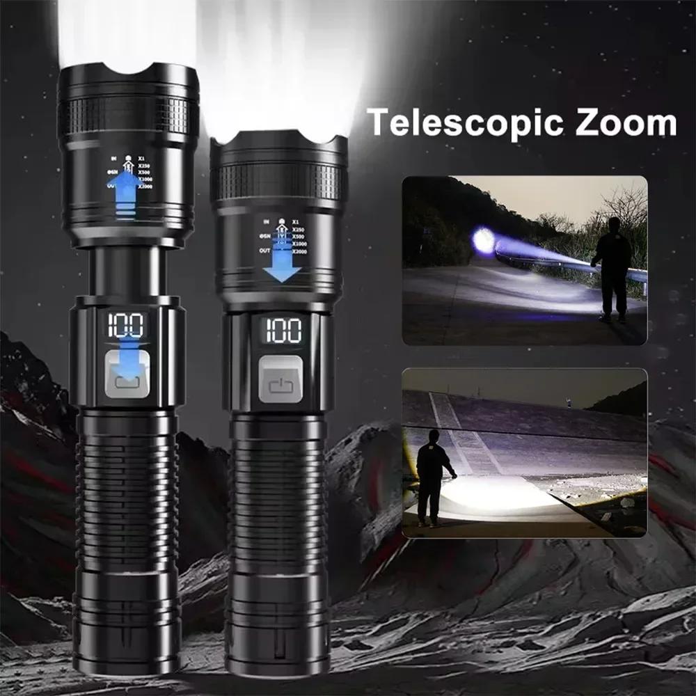 100000LM High Strong Power Led Flashlights Tactical Torch with Display Light USB Charging Camping Fishing Emergency Zoom Lantern