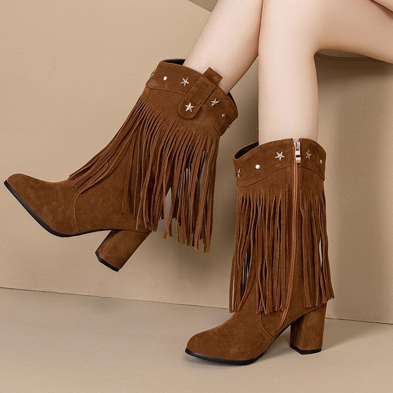 Women's high-heeled short boots autumn and winter new thick-heeled large-size fringed short boots