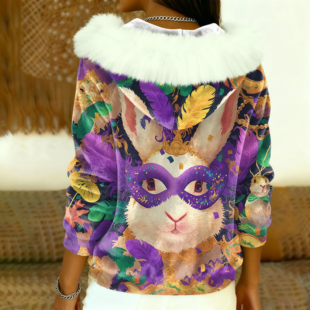 Women's Loose And Comfortable Casual Fashion Half-Zip Hooded Long Sleeve Carnival Print Top