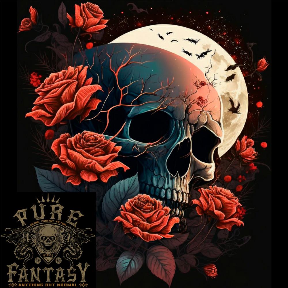 A Dark Fantasy Skull With Roses and Moon Mens Light Cotton T-shirt S