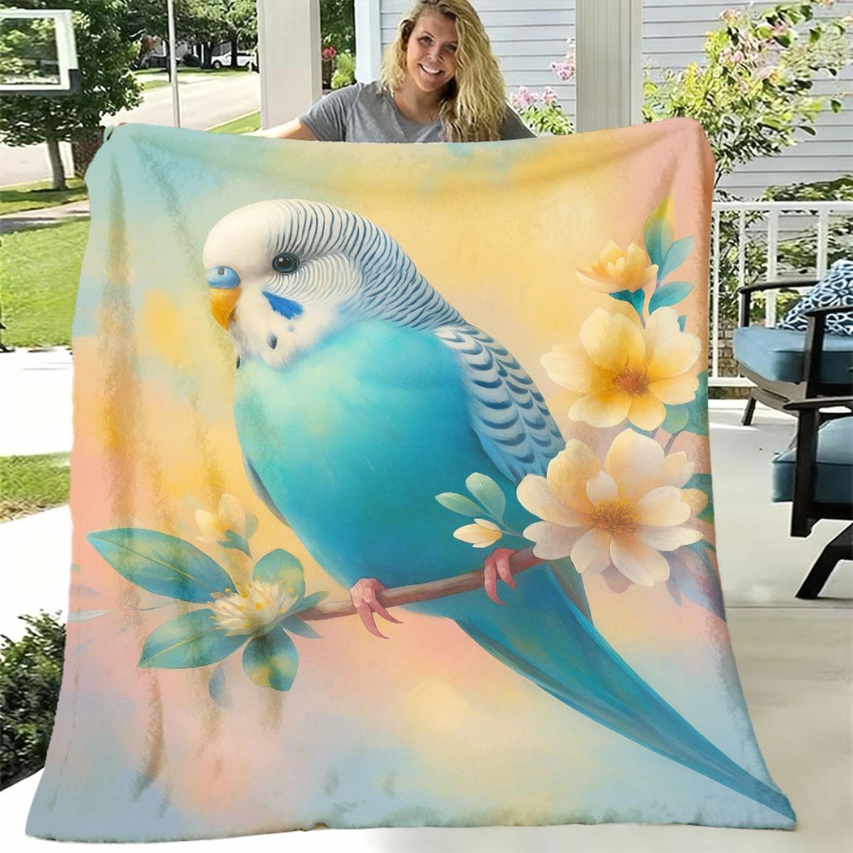 Weiche Gemütliche Tragbare Schallwellen-Technologie-Bedruckte Decke Geeignet für Bett, Reise, Camping - Mehrfarbige Blume & Papagei Tagesdecke, Sofabezug, S 75X95CM blue