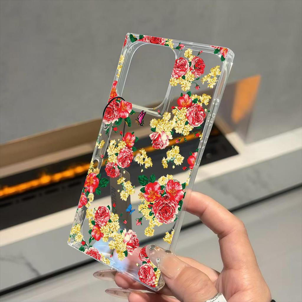 Square Back Tube Protection Clear Case For iPhone 12 14 Pro Max 15 Plus 11 13 16 ProMax Anti-Oxygen,Full Screen Peony Flowers Pattern Casing