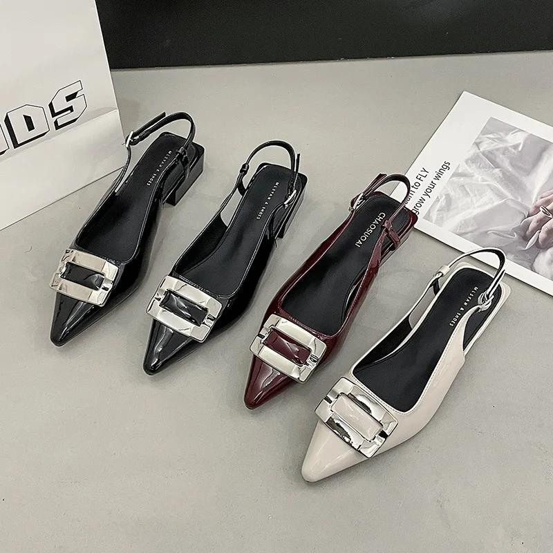 Lacquer Leather 3cm Heel Height Korean Version Sandals for Women 2024 Summer New Shallow Mouth Pointed Back Empty Sandals