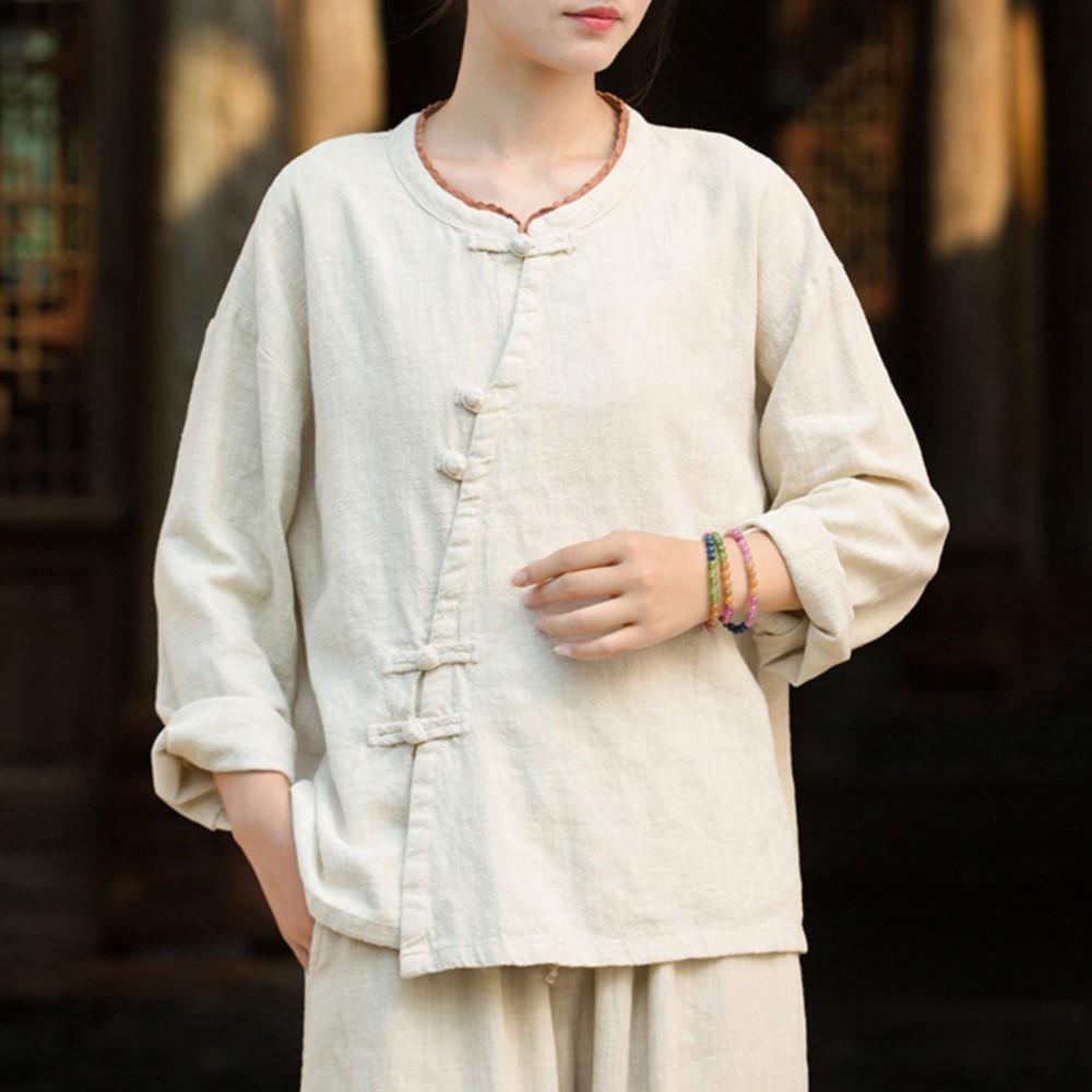 

Johnature Women Vintage Shirts Stand Long Sleeve Button Solid Color Blouses Autumn Loose Female Shirts Top One Size бежевый