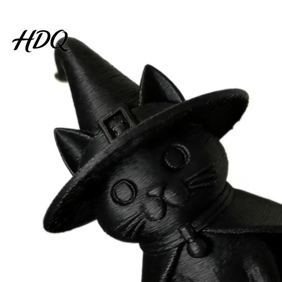 Themed Party Photo Props Gothic Witch Hat Black Cat Figurine, 3D Printed Wizard Cloak Kitten Small Sculpture for Study Room Statue, Spooky Cute