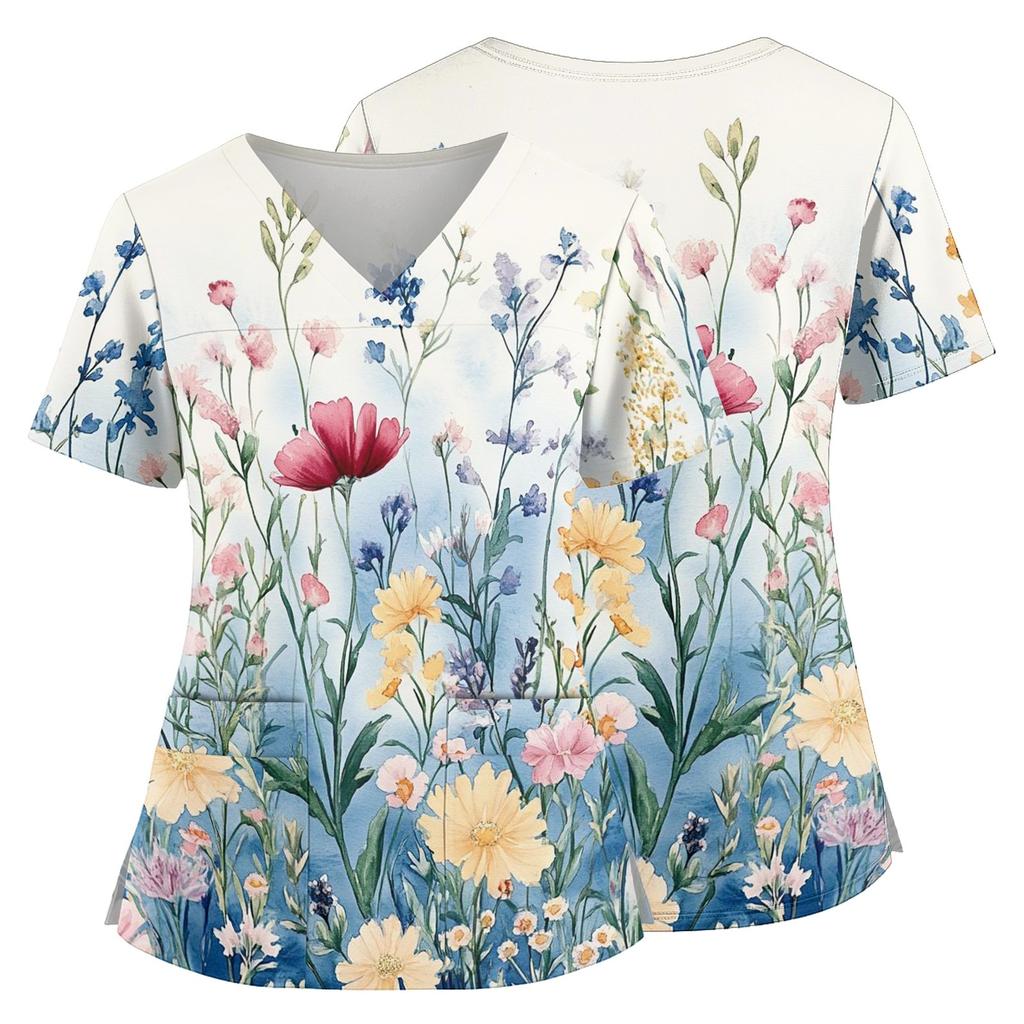Floral Print V Neck Medical Scrub Top with Pockets Side Slits Short Sleeve Nurse Uniform Shirt for Women Comfortable Fit
